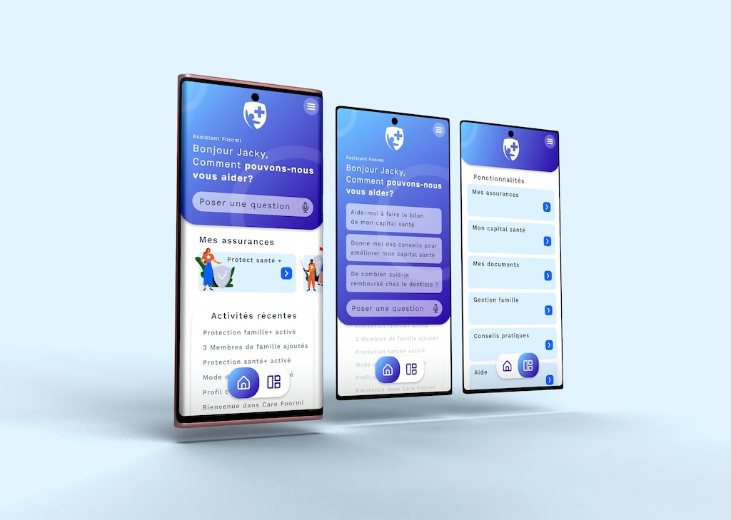 Interface de l'application Care Foormi sur smartphones - Prévention et suivi santé